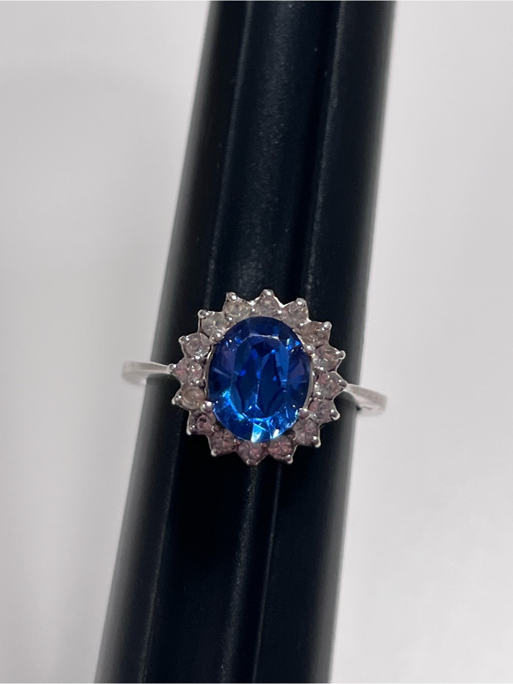 925 Sterling Silver Blue Oval Rhinestone Halo Ring Signed Size 9